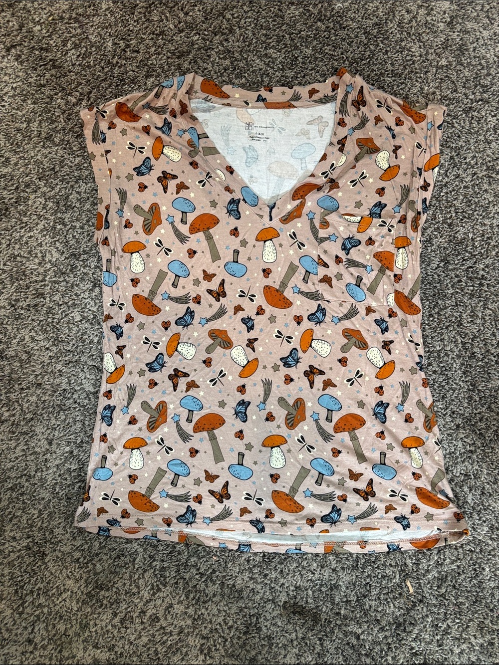 No Boundaries Mushroom & Butterfly V-Neck Short Sleeve Top